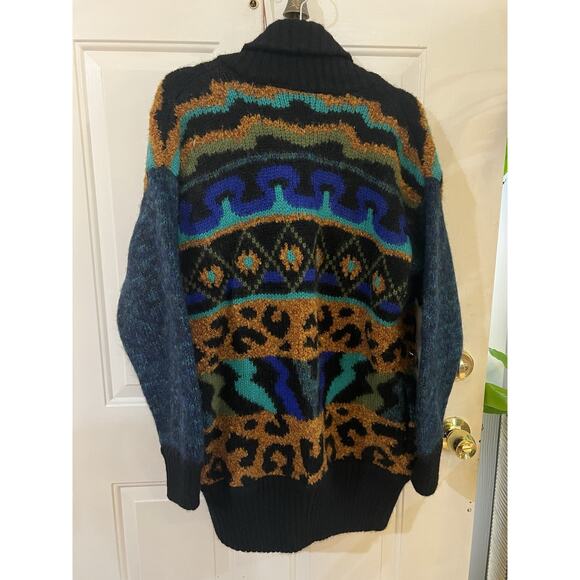American Vintage Wool Cardigan Sweater Long Colorful Oversized Animal Print M - Picture 9 of 11
